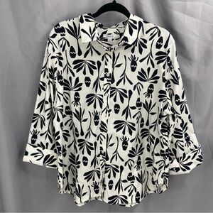 Chico's Black White Floral Button Up Shirt 3/4 Sleeve Flip Cuff Size 16
